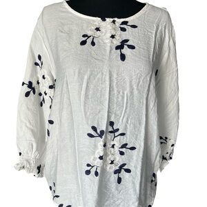 Elegant White Blouse with Navy Embroidery